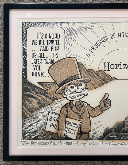 Vintage 1973 John Churchill Chase New Orleans Framed Signed Original Cartoon Art for Catholic Horizons “A Program for the Aged” Gifted to Archbishop Philip M. Hannan from the Clarion Herald and WDSU-TV