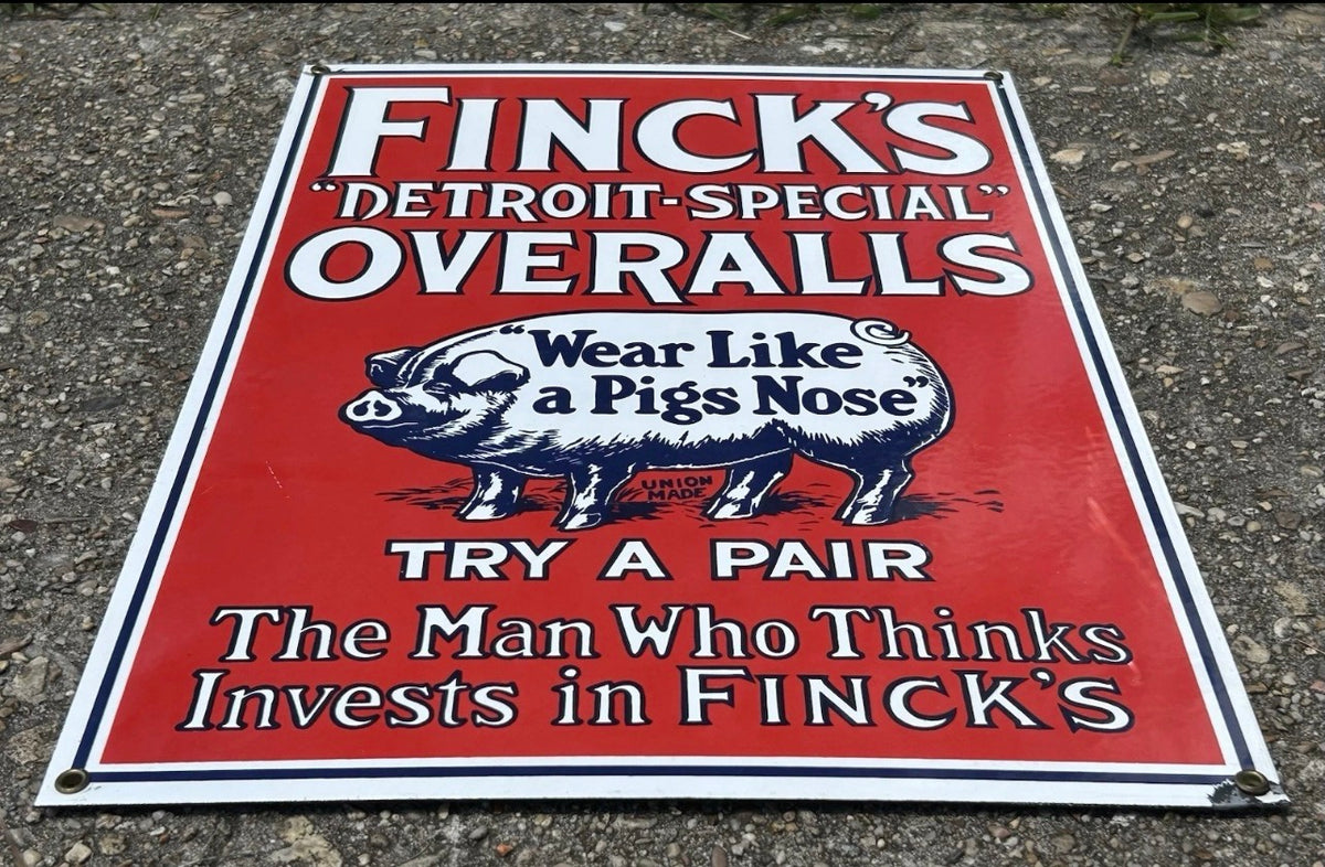 Vintage 1990’s Finck’s Detroit-Special Overalls Antique Style Porcelain Enamel Metal Advertising Sign