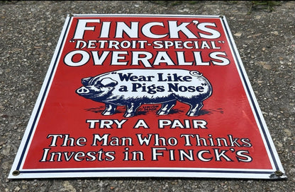 Vintage 1990’s Finck’s Detroit-Special Overalls Antique Style Porcelain Enamel Metal Advertising Sign