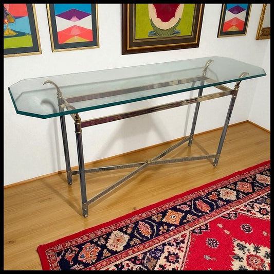 Vintage 1970’s French Maison Jansen Style Brass/Chrome Metal Base Beveled Glass Top Console Table