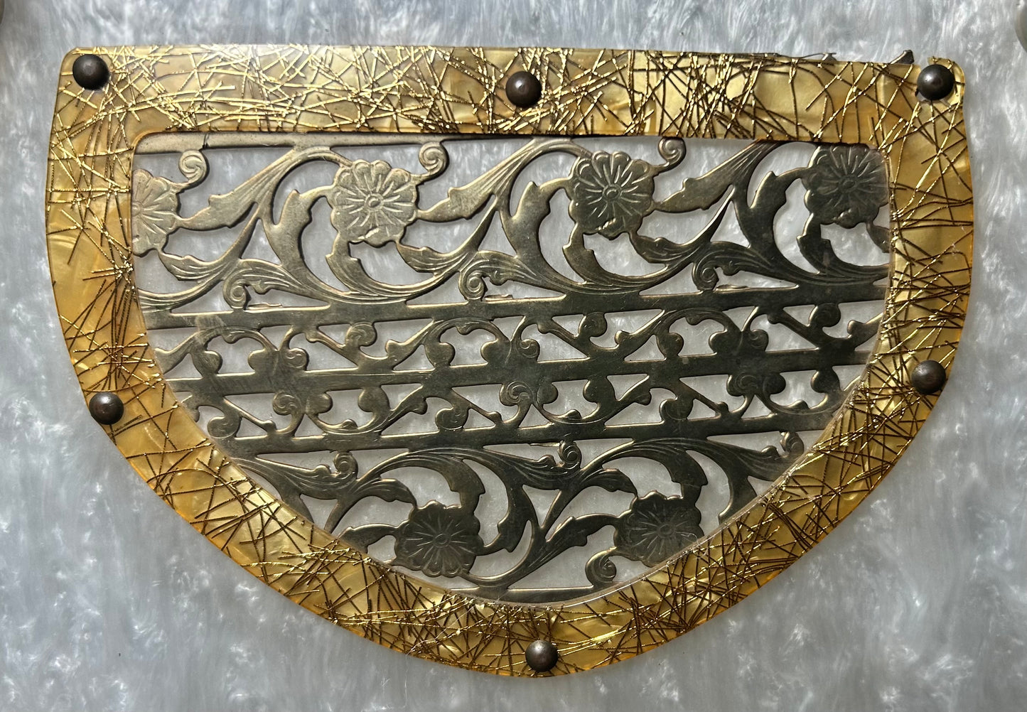 Vintage 1950’s American Wilardy Pearlescent Marbleized White Lucite/Metal Filigree Box Purse Made in New York