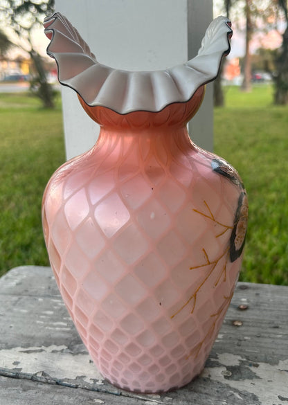 Late 19th Century Bohemian Victorian Harrach Pink/White Cased Glass Quilted Diamond Pattern Hand-Painted Floral/Butterfly Motifs Crimped Rim Bulbous Fan Vase