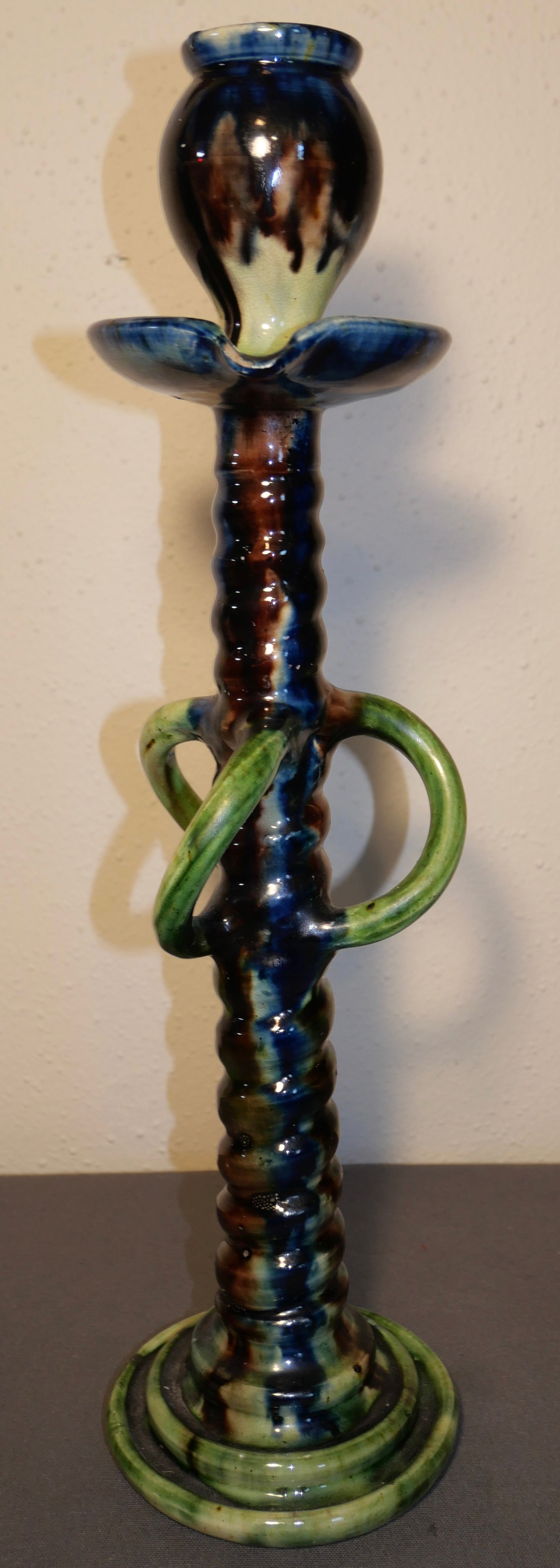 Circa 1900 Belgian Art Nouveau Majolica Slip Glazed Twist Form Candlestick