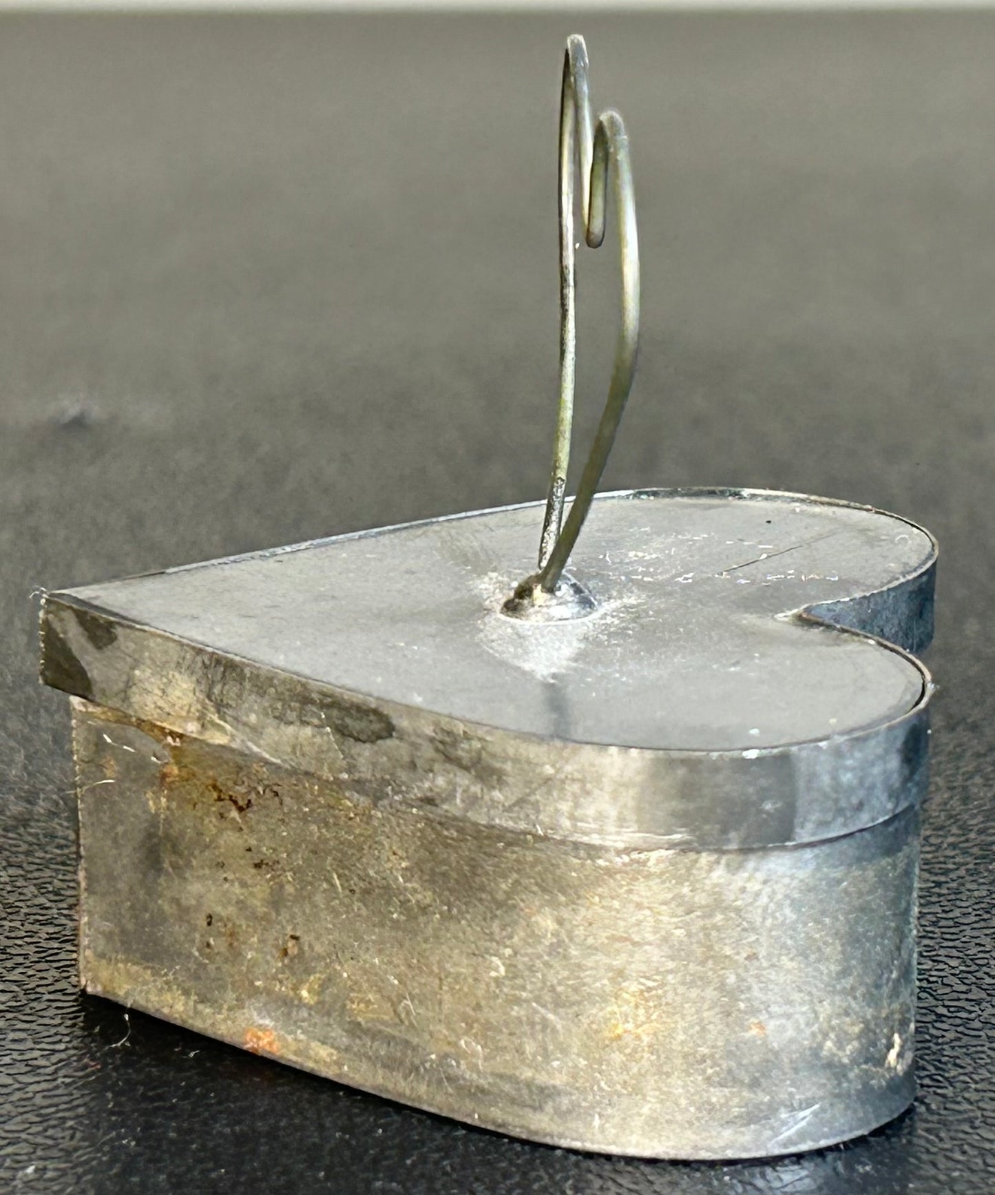 Vintage Circa 1970 American Folk Art Heart-Shaped Tin Metal Trinket Box with Wire Heart Handle