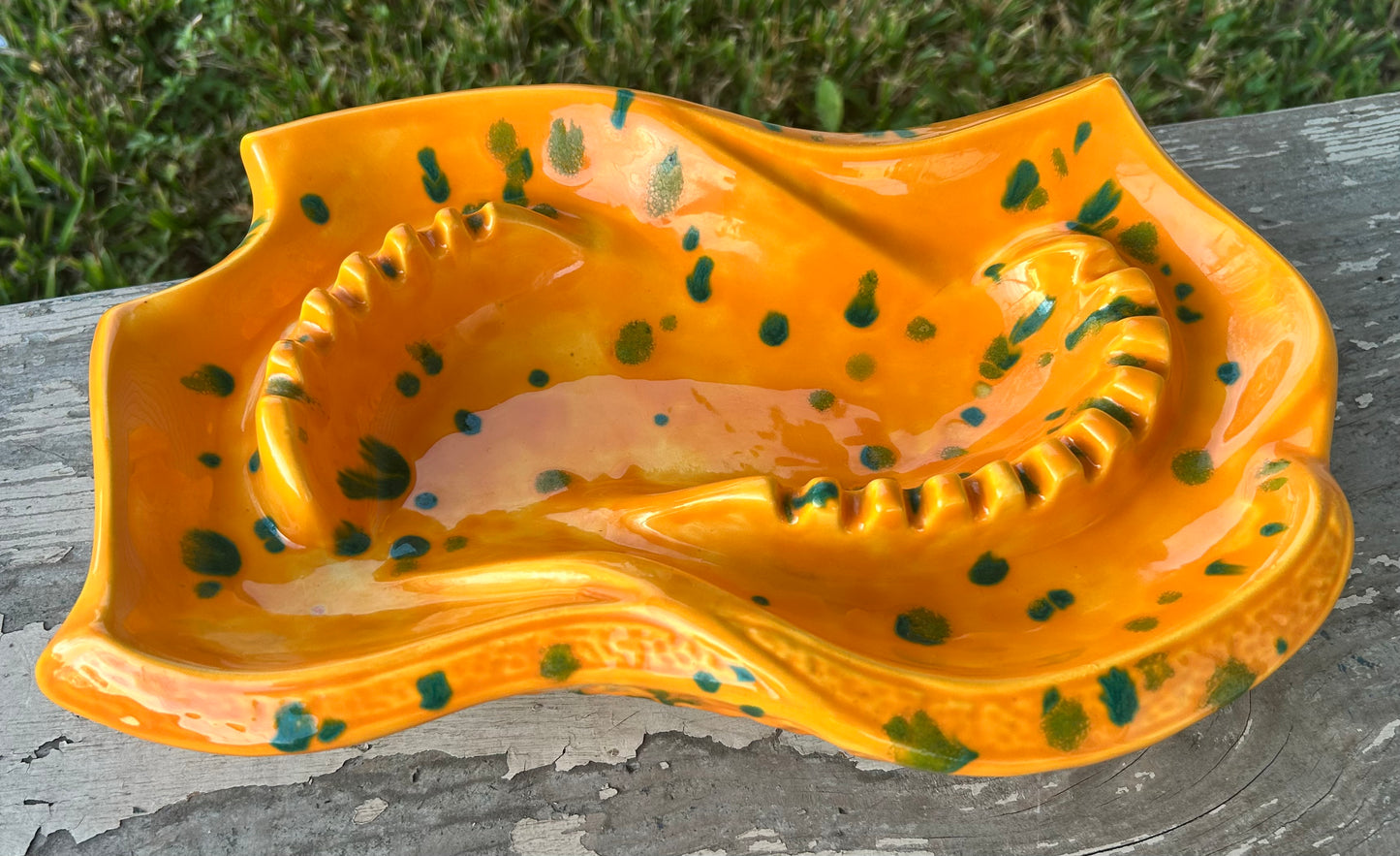 Vintage 1960’s American Mid Century Modern Byron Mold Ceramic Large Orange/Green-Spotted Ashtray