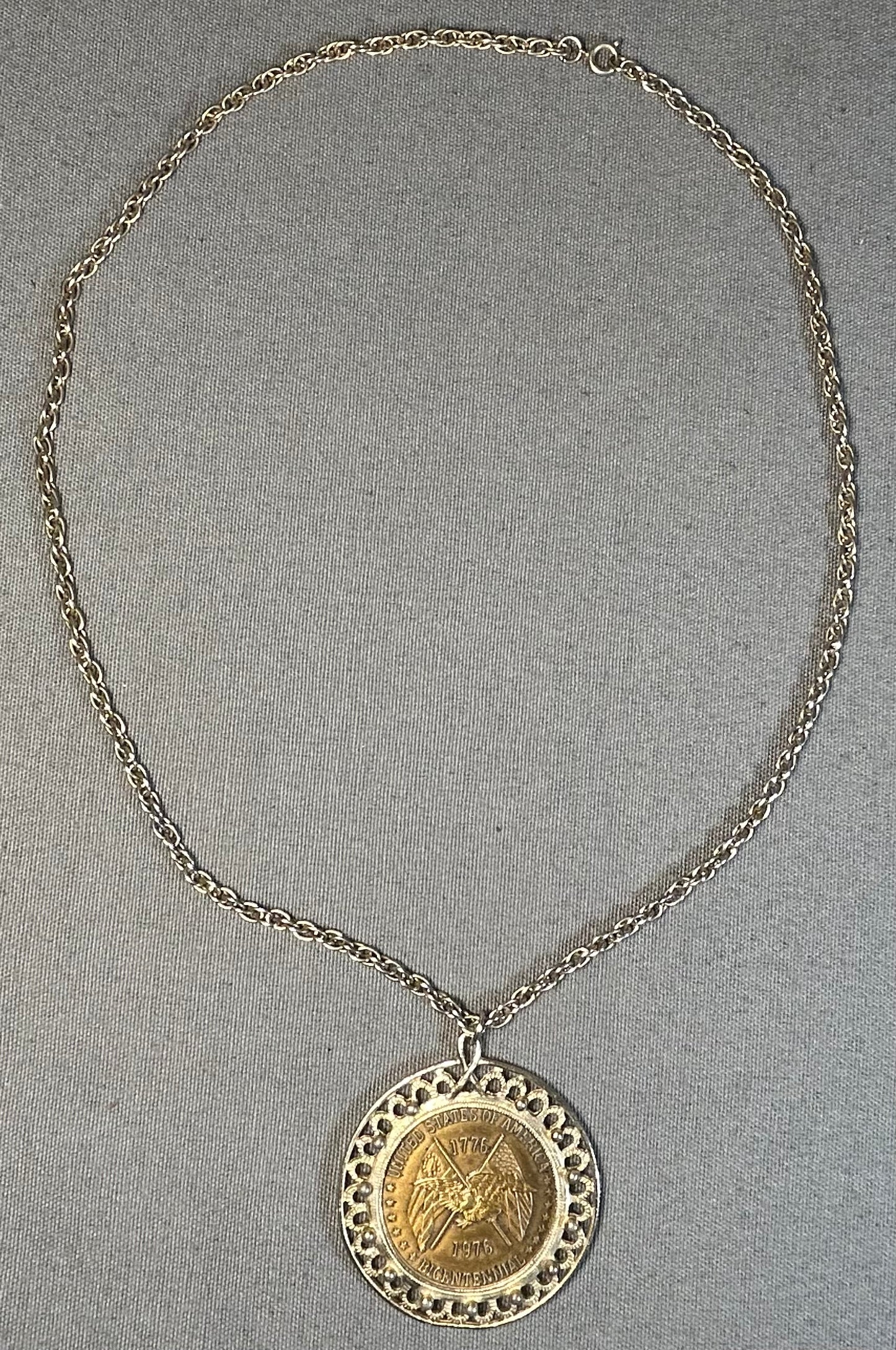 Vintage American 1976 Bicentennial Eagle and Flags/Liberty Bell Motifs Coin Gold-tone Metal Pendant Necklace
