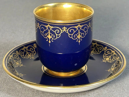 Austrian Augarten Porcelain Biedermeier Style Gilded Cobalt Blue Scrollwork Motifs Demitasse Cups and Saucer Set