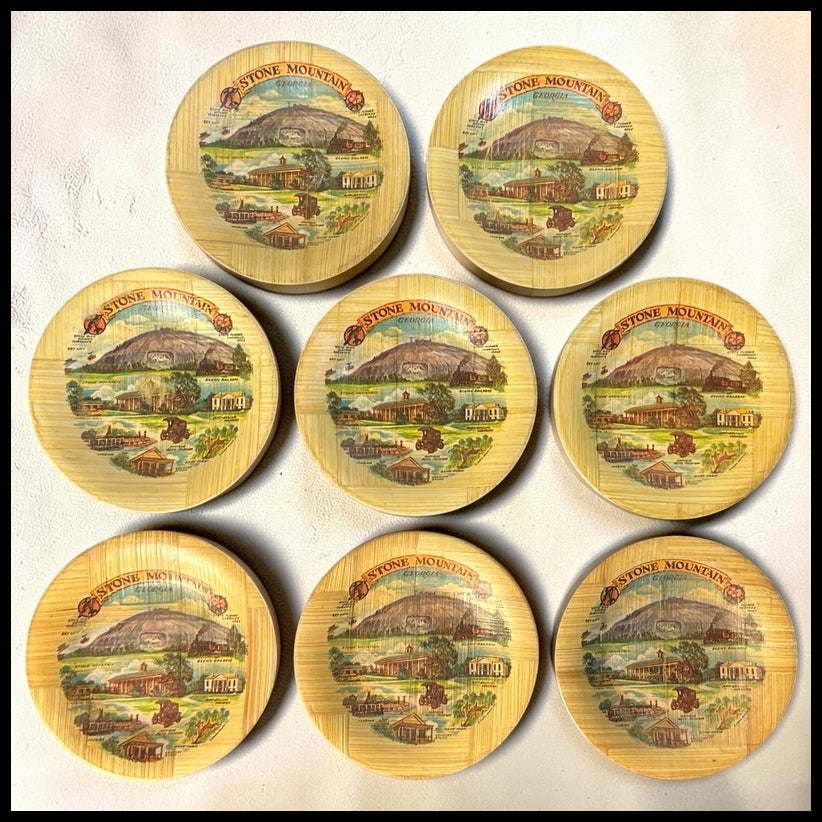 Set of 8 Vintage 1970’s Stone Mountain, Georgia Souvenir Woven Bamboo Coasters Made in Taiwan R.O.C.