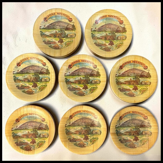 Set of 8 Vintage 1970’s Stone Mountain, Georgia Souvenir Woven Bamboo Coasters Made in Taiwan R.O.C.