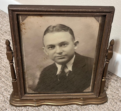 Circa 1930 American Art Deco Male Sepia Portrait Photograph in Gilded Wooden Swivel Frame