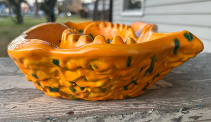 Vintage 1960’s American Mid Century Modern Byron Mold Ceramic Large Orange/Green-Spotted Ashtray