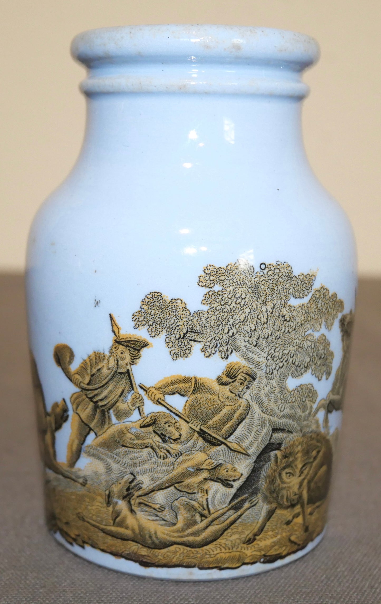 Circa 1880 English Victorian Prattware Pottery Blue Transferware Boar Hunt Scene Motif Mustard Jar