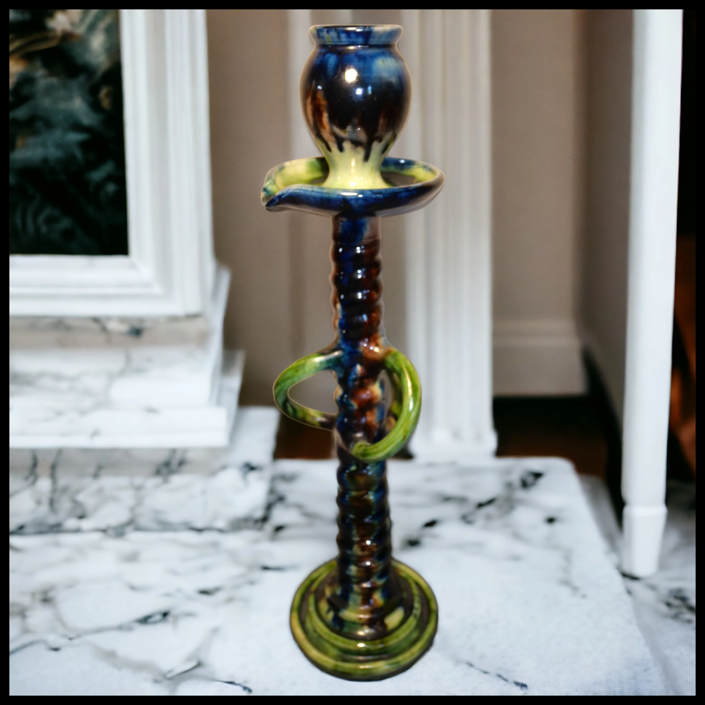 Circa 1910 English Arts and Crafts Bretby Style Pottery Mottled Glaze Candlestick
