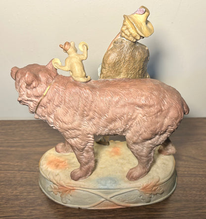 Circa 1930 German Scheibe-Alsbach Kister Bisque Porcelain Man with Bagpipes/Monkey with Cymbals Atop Grizzly Bear Figural Group