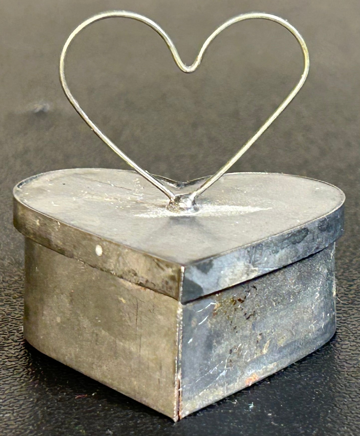 Vintage Circa 1970 American Folk Art Heart-Shaped Tin Metal Trinket Box with Wire Heart Handle