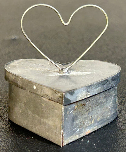Vintage Circa 1970 American Folk Art Heart-Shaped Tin Metal Trinket Box with Wire Heart Handle