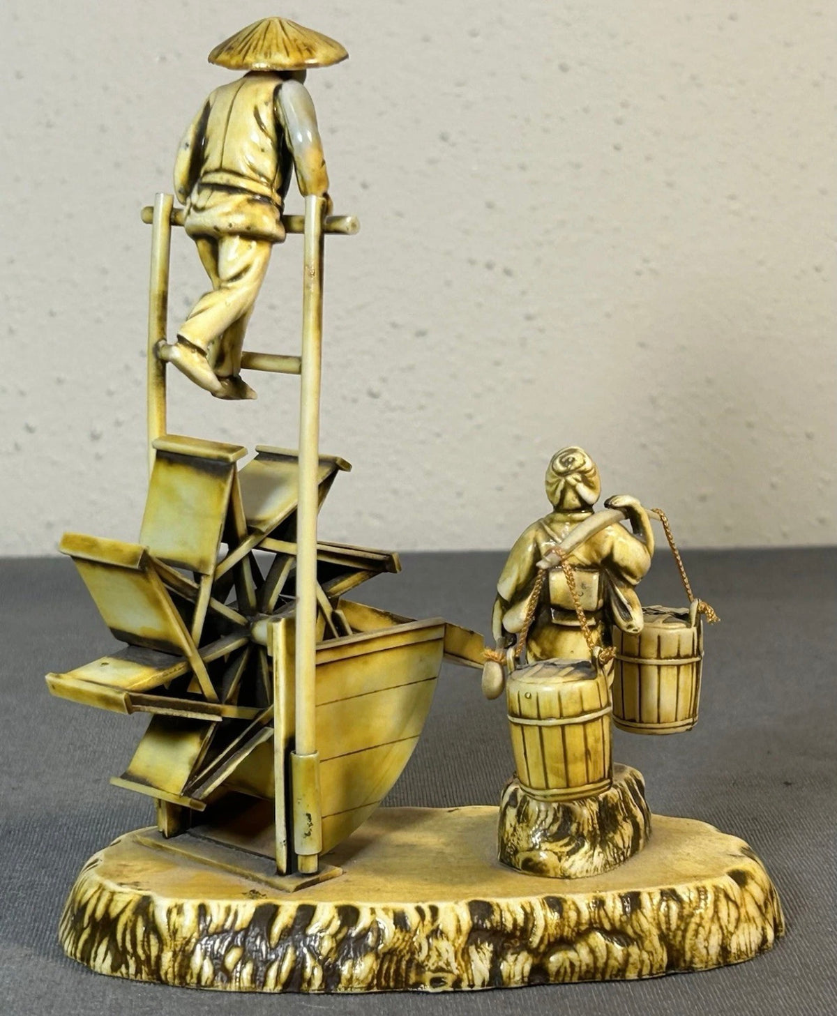 Vintage Circa 1950 Japanese Celluloid Agricultural Water Wheel Diorama Scene Figurine (Showa Period)