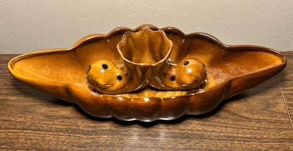 Vintage Circa 1960 American Mid Century Modern Anna Van Briggle Pottery Brown Glazed Console Bowl with Flower Frog
