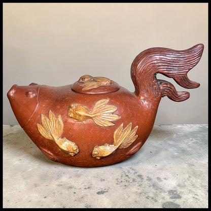 Vintage 1990’s Chinese Yixing Zisha Clay Koi Fish Form Teapot