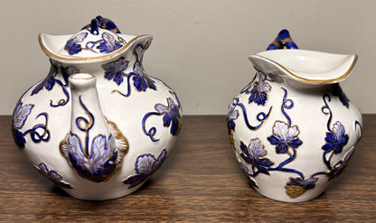 Vintage Mid 20th Century Italian Majolica Revival Style Gilded Cobalt Blue/White Porcelain Six-Piece Coffee Service Set