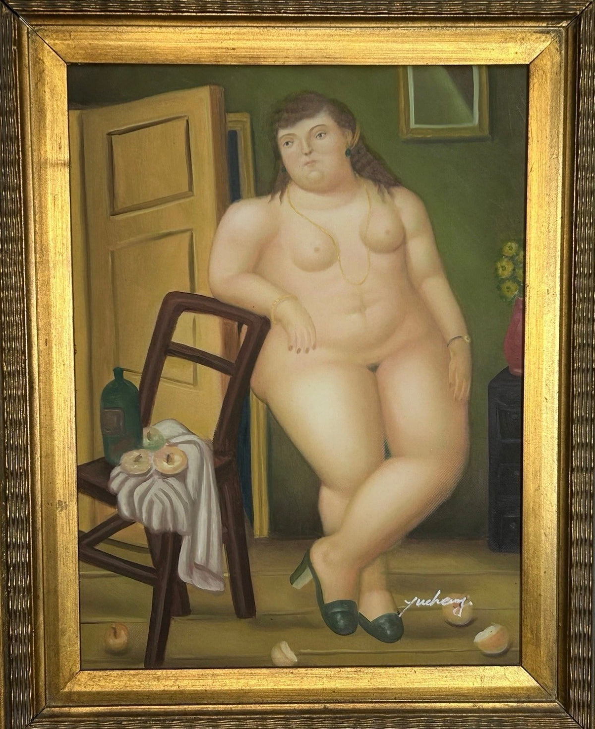 After Fernando Botero “Still Life with Oranges” Framed Oil Painting Signed Yuchevez with 2010 WYES-TV Auction Tag