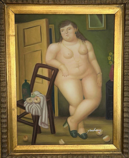 After Fernando Botero “Still Life with Oranges” Framed Oil Painting Signed Yuchevez with 2010 WYES-TV Auction Tag
