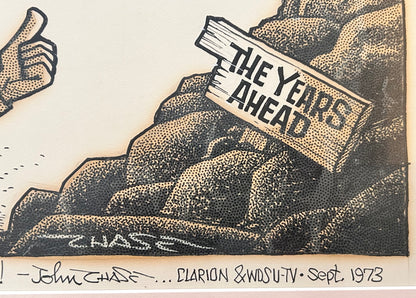 Vintage 1973 John Churchill Chase New Orleans Framed Signed Original Cartoon Art for Catholic Horizons “A Program for the Aged” Gifted to Archbishop Philip M. Hannan from the Clarion Herald and WDSU-TV