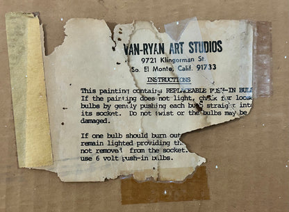 Vintage Mid 20th Century American Mid Century Modern Van-Ryan Art Studios Spanish Style Courtyard Framed Light Up Black Velvet Painting (California)