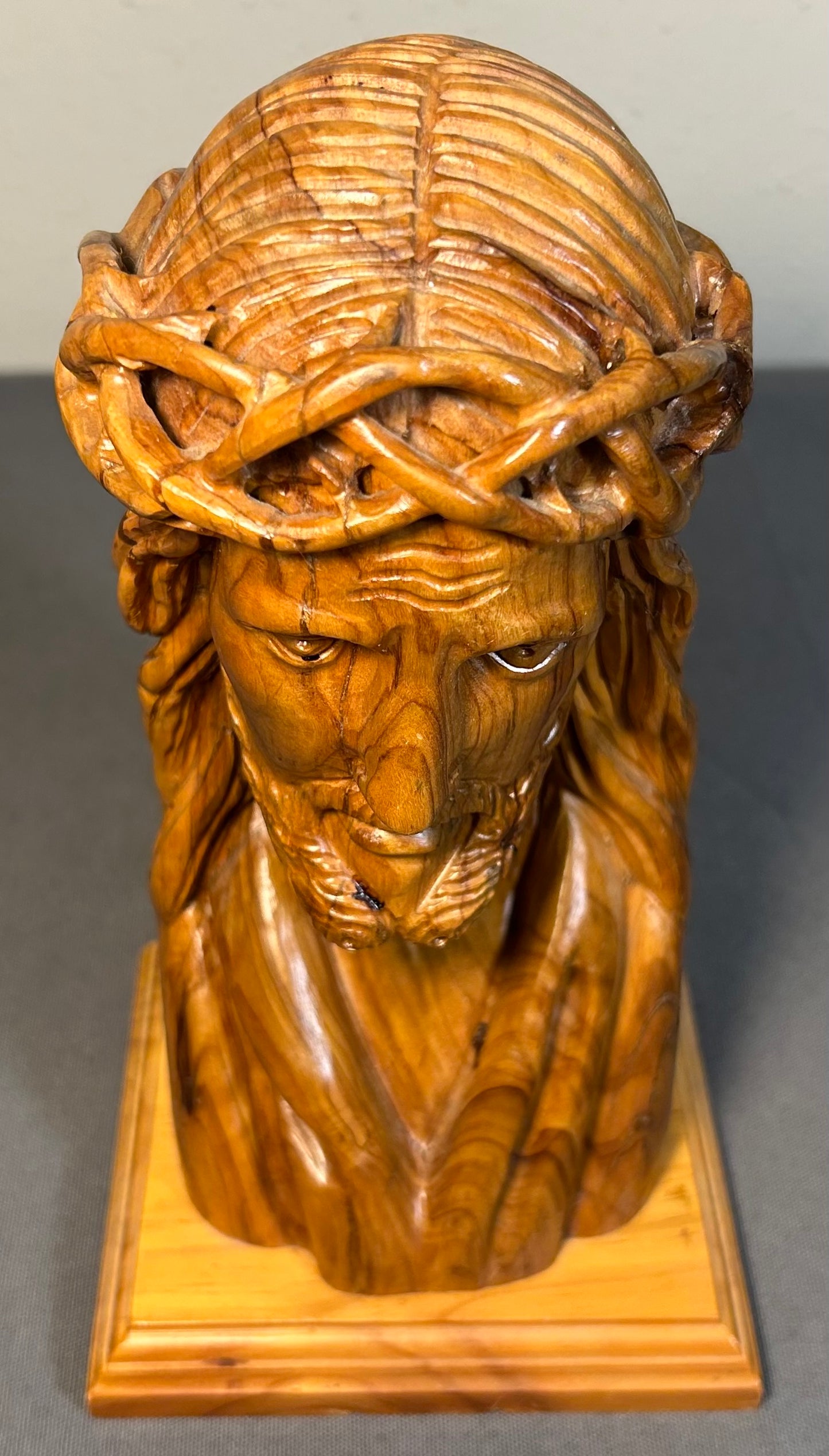 Christian Hand-Carved Holy Land Olive Wood Jesus Christ Bust Sculpture on Wooden Plinth Base Made in Bethlehem, Israel