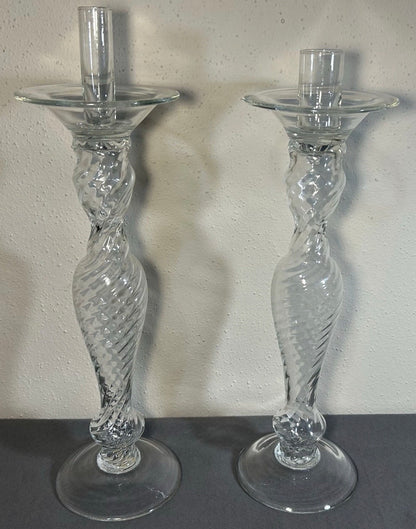 Pair of Vintage 1960’s Italian Empoli Monumental Mid Century Modern Clear Art Glass Optic Swirl Torsade Pattern Staggered Integrated Candle-Socket Chimney Circular Bobeche Drip Pans Candlesticks