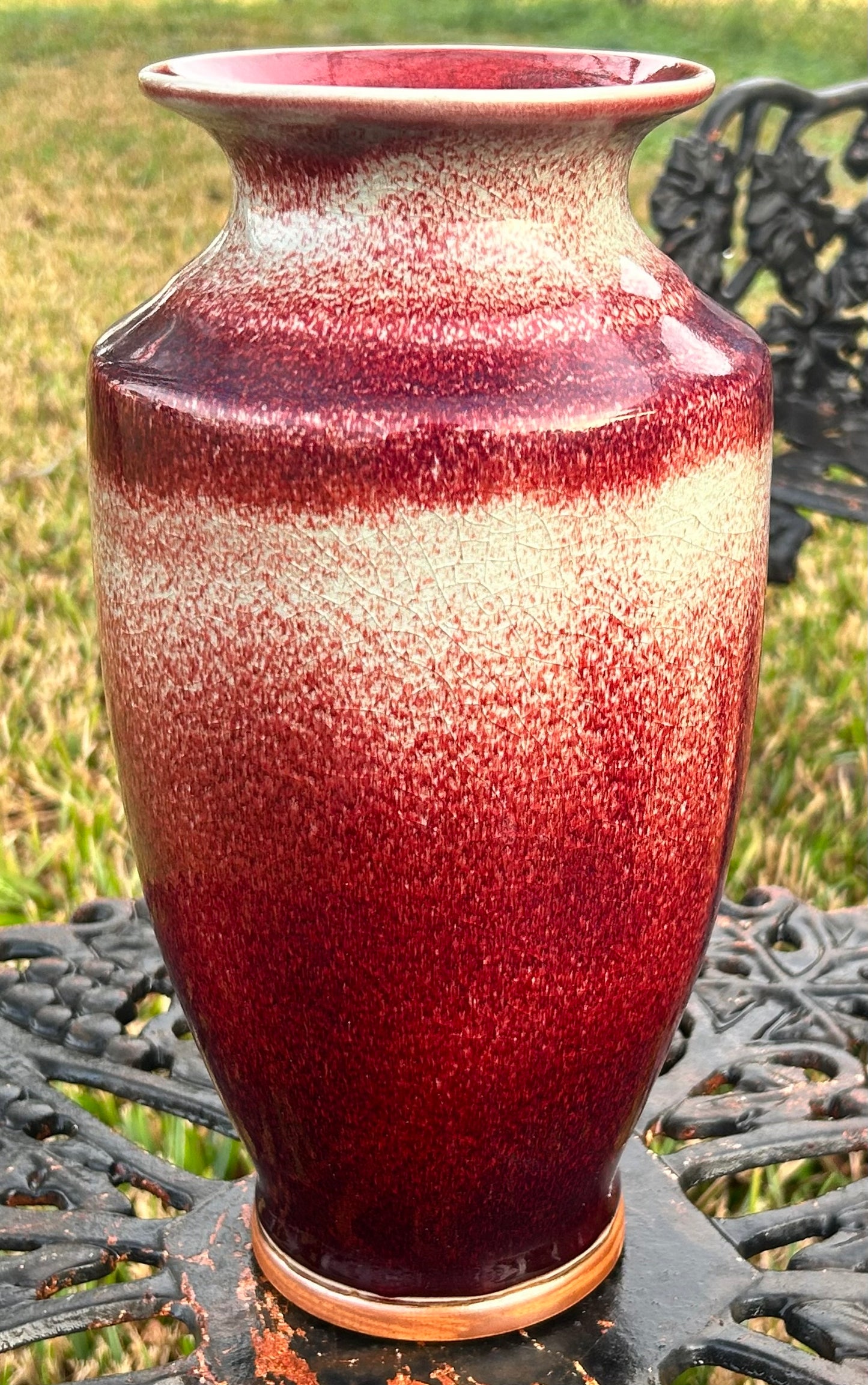 Early 20th Century English Arts & Crafts Ruskin Style Art Pottery Chinoiserie Flambé Sang de Boeuf Glazed Baluster Vase