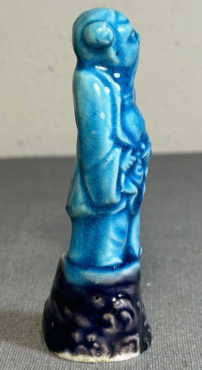 Circa 1920 Chinese Turquoise/Aubergine Glazed Porcelain Taoist Immortal Li Tieguai Figurine (Early Republic Period)