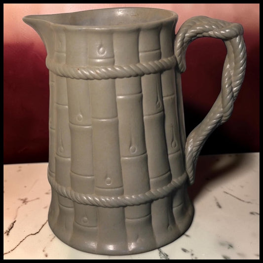 Mid 19th Century English Victorian Staffordshire Pale Green Drabware Bamboo/Rope Relief Motif Pitcher