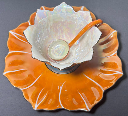 1920’s Japanese Art Deco Noritake Morimura Bros. Lustreware Porcelain Lotus Flower Form Leaf Motifs Footed Condiment/Sauce Bowl Three-Piece Set with Ladle and Underplate
