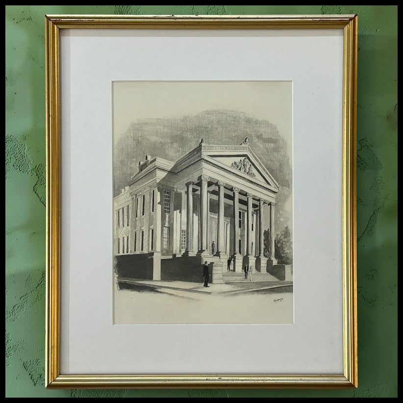 Vintage Robert Seago - “New Orleans Gallier Hall Mardi Gras Ball Arrival Scene” Framed Signed Pencil/Graphite Drawing (20th Century) (New Orleans, Louisiana)