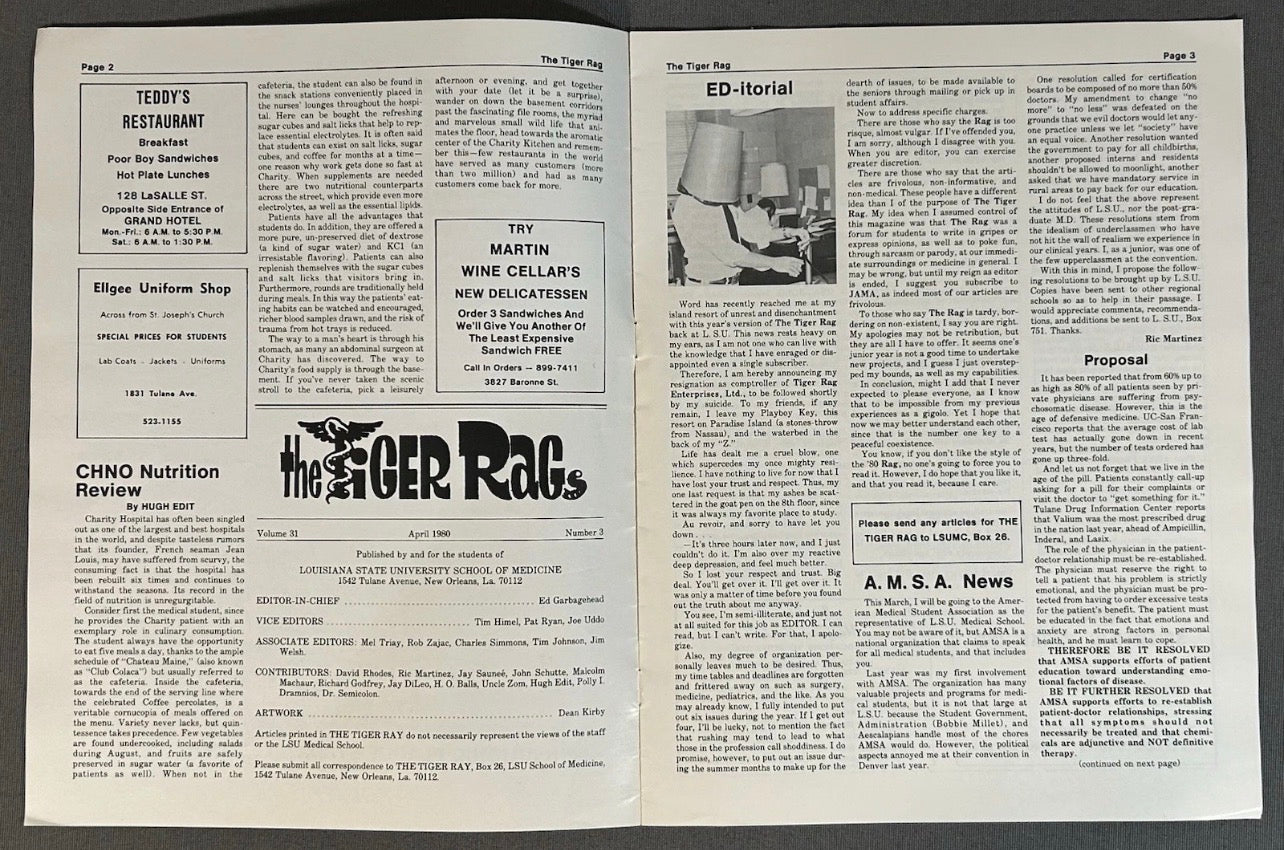 Vintage Louisiana State University School of Medicine The Tiger Rag Satirical Magazine (April 1980)