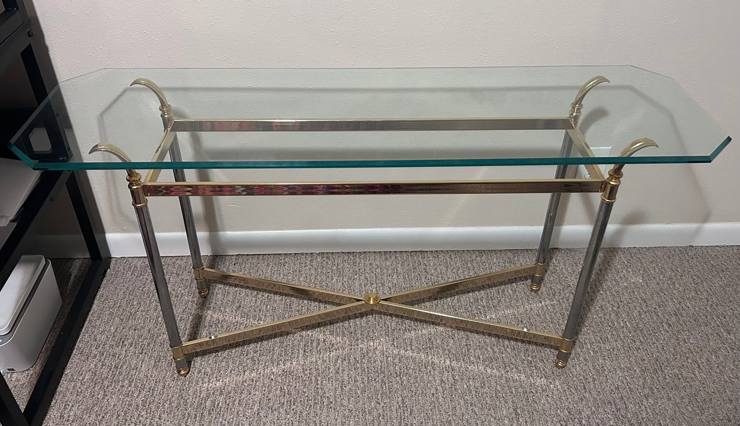 Vintage 1970’s French Maison Jansen Style Brass/Chrome Metal Base Beveled Glass Top Console Table