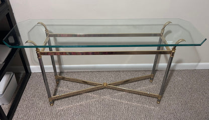 Vintage 1970’s French Maison Jansen Style Brass/Chrome Metal Base Beveled Glass Top Console Table