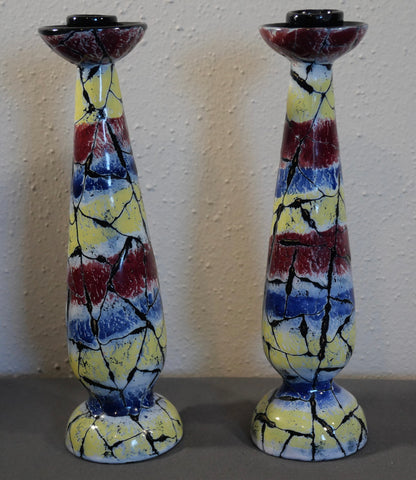 Pair of 1960’s Italian Mid Century Modern San Polo Ceramics Crackle Finish Candlesticks