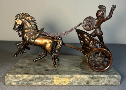 Vintage Circa 1960’s Greek Mythology Achilles with War Chariot Bronze Patinated Spelter Statue on Grey/White Marble Base Made in Greece