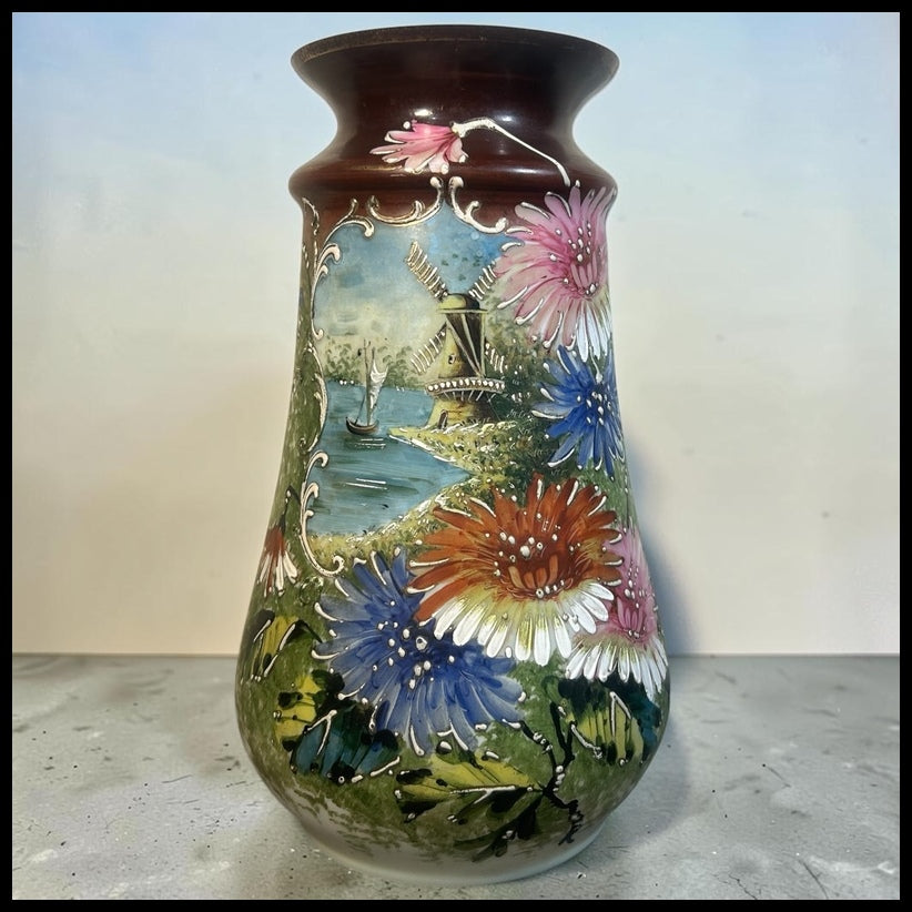 Late 19th Century French Victorian Art Nouveau Hand-Painted Opaline Glass Dutch Landscape/Floral Motifs Baluster Vase