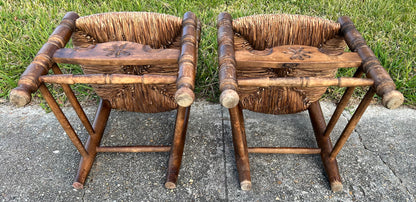 Pair of Vintage Mid 20th Century Spanish Country Style Carved Maple Wood/Upholstered Rush Seat High Ladderback Dining Chairs
