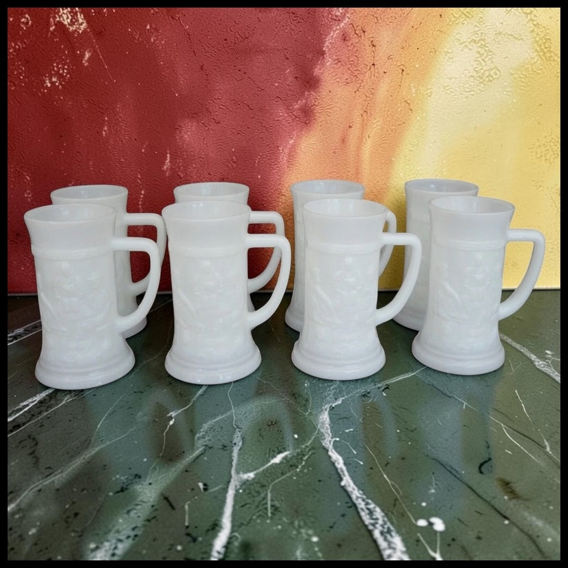 Set of 8 Vintage 1960's American Federal Milk Glass Bavarian Tavern Scene Motif Steins