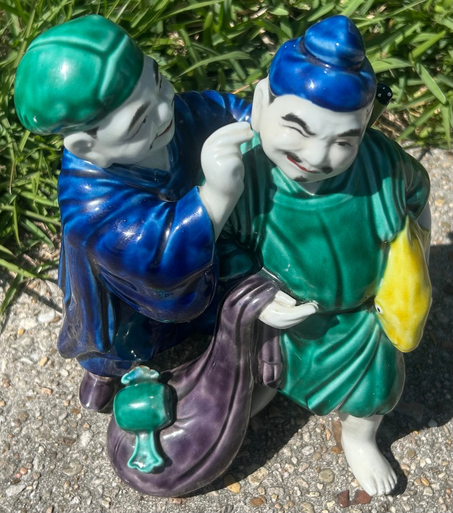 Vintage Circa 1970 Chinese Export Porcelain Fisherman and Ear Cleaning Man Fengsu Renwu Figural Group Figurine