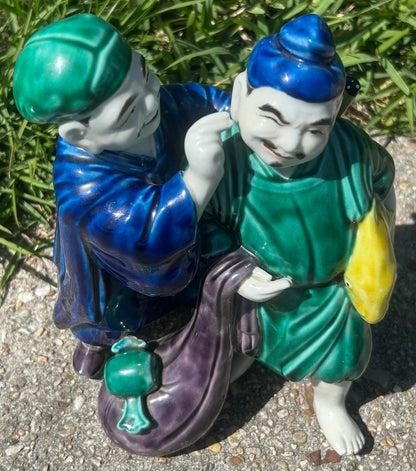 Vintage Circa 1970 Chinese Export Porcelain Fisherman and Ear Cleaning Man Fengsu Renwu Figural Group Figurine