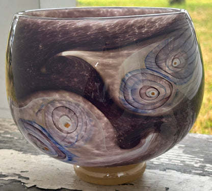 2002 Michael Rozell Art Glass Contemporary Style Fossil Line Footed Bowl (American)