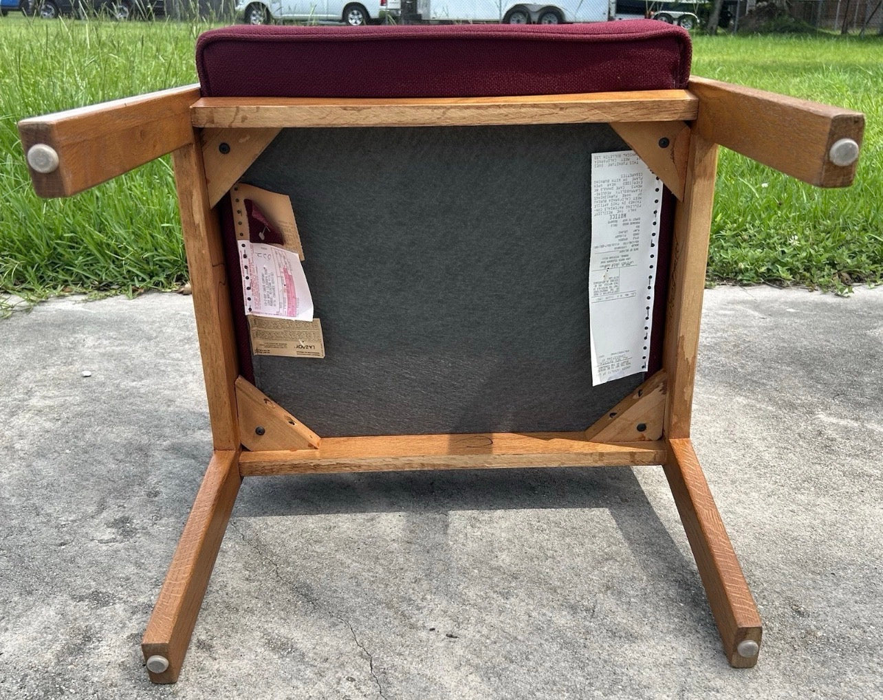 Vintage 1970’s American La-Z-Boy Mid Century Modern Oak Wood/Burgundy Red Upholstered Cushioned Armchair