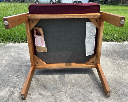 Vintage 1970’s American La-Z-Boy Mid Century Modern Oak Wood/Burgundy Red Upholstered Cushioned Armchair