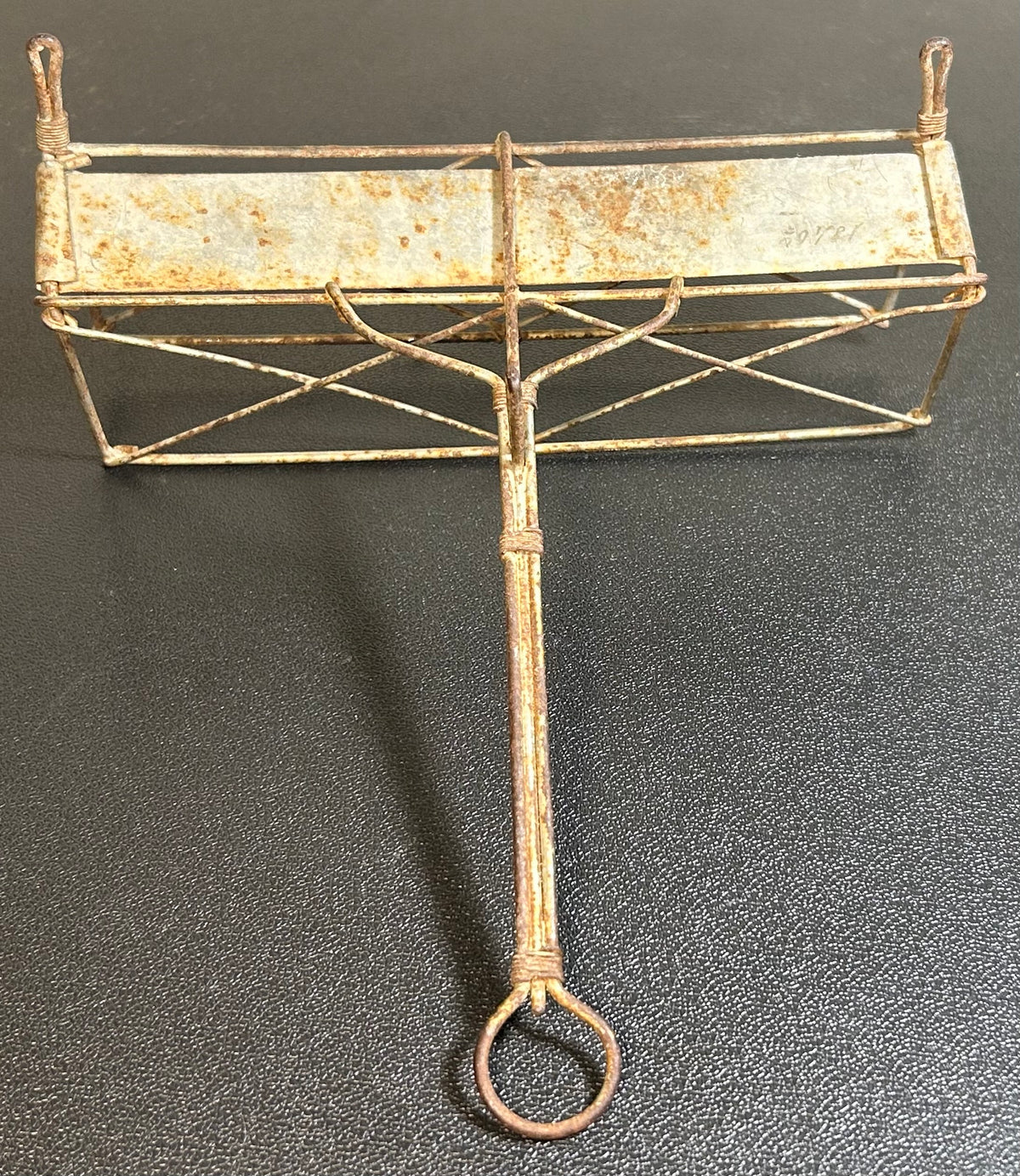 1840 American Antebellum Primitive Tin Metal Bridge Trestle Bread Warmer with Handle