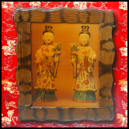 Vintage Circa 1970 Chinese Porcelain Figural Candlesticks Decoupage on Wood Art